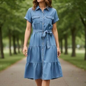 Meadow Rhodes Chambray Shirt Dress Wm’s 2X Button Front Tiered Midi Belted